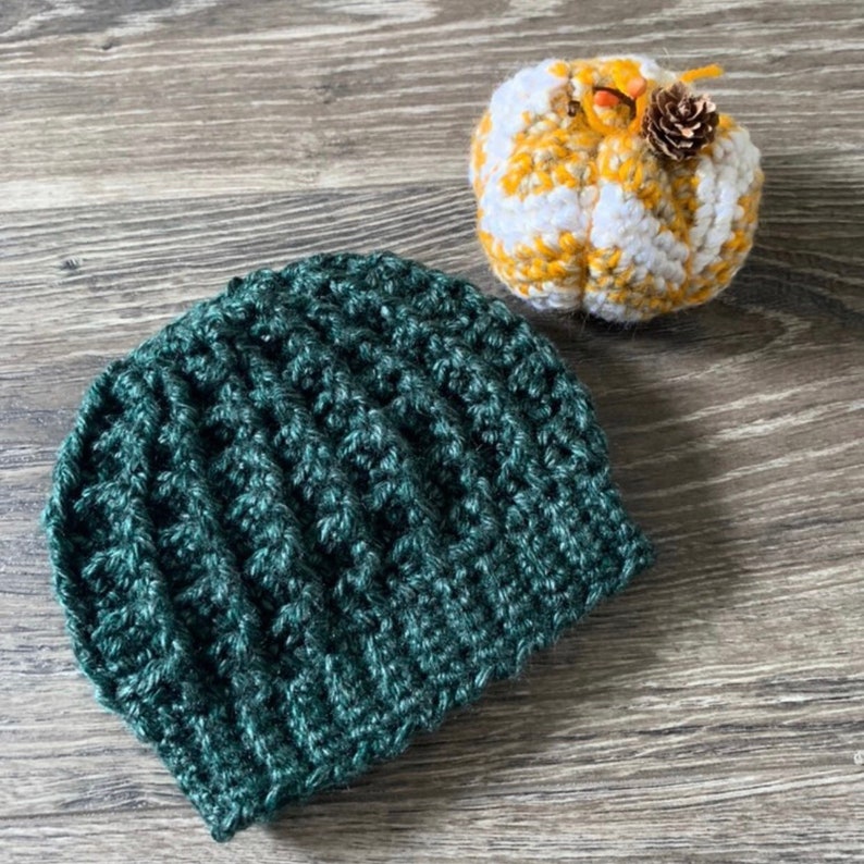 May include: A dark green crocheted beanie hat with a textured stitch pattern. The hat is made with a soft yarn and has a slouchy fit.