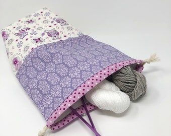 Project Bag for Knitters and Crocheters, Purple and White Owl Print Drawstring Bag, Medium size tote bag