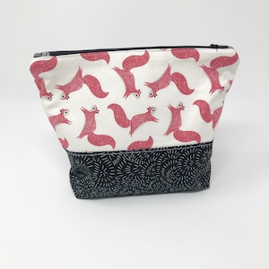 Zippered Pouch, Notions pouch, Small Project Bag, Red and Black  Squirrel Print, Lined pouch