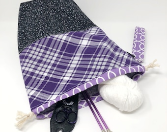 Project Bag for Knitters and Crocheters, Purple Plaid and Black, Medium size tote bag