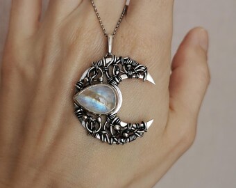 Large silver crescent moon necklace, Whimsical wire wrap moonstone moon pendant, Fantasy Gothic Witch amulet gift for her, gift for woman