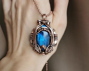 Collana con bottiglia di pozione labradorite, ciondolo avvolgente in filo di rame Statement, gioielli con bottiglia di veleno di strega wiccan vampiro gotico fantasy per lei