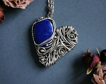 Silver heart necklace, Heart surgery survivor gift for wife for granny, Wire wrap blue lapis lazuli pendant, Mother's Day gift for her