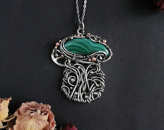 Whimsical mushroom necklace silver, Malachite wire wrap pendant jewelry, Large cottage core necklace, Woodland gift for her, Fantasy forest