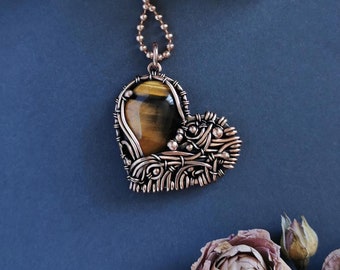 Collana a cuore stravagante occhio di tigre, pendente grande avvolto in filo di rame, regalo romantico per il 7° anniversario per la moglie, regalo per la festa della mamma per lei