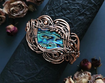 Large whimsical cuff bracelet with abalone shell, Wide fantasy statement adjustable copper wire wrap bangle, 7th Anniversary gift for wife