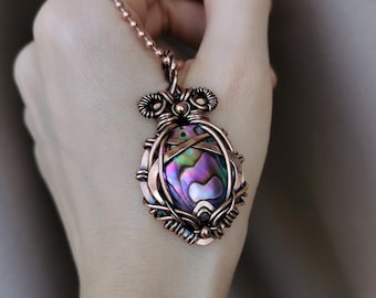 Potion bottle necklace abalone shell, Large copper wire wrap pendant, Fantasy gothic vampire witch whimsical poison bottle jewelry for her