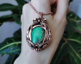 Large potion bottle necklace, Chunky Chrysoprase pendant, Statement copper heady wire wrap pendant, Fantasy witch jewelry for woman