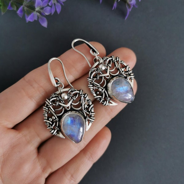 Moonstone dangle earrings, Silver wire wrap earrings jewelry, Fantasy Vampire Gothic Elven Witch Moon earrings, June birthstone gift for her