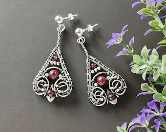 Large pendulum earrings with garnet, Long dangle sterling silver wire wrap earrings, Fantasy Queen Gothic Vampire Witch gift for woman