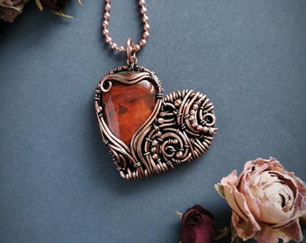 Bloodstone heart necklace, Large copper wire wrapped pendant jewelry, Romantic 7th Anniversary gift for wife, Mother's day gift for her