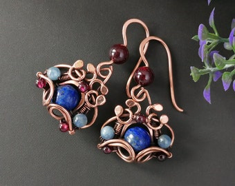 Lapis Lazuli Earrings, Wire Wrapped Earrings, Copper Earrings, Boho Earrings, Teardrop Earrings, Wire Wrap Earrings, Wire Wrapped Jewelry