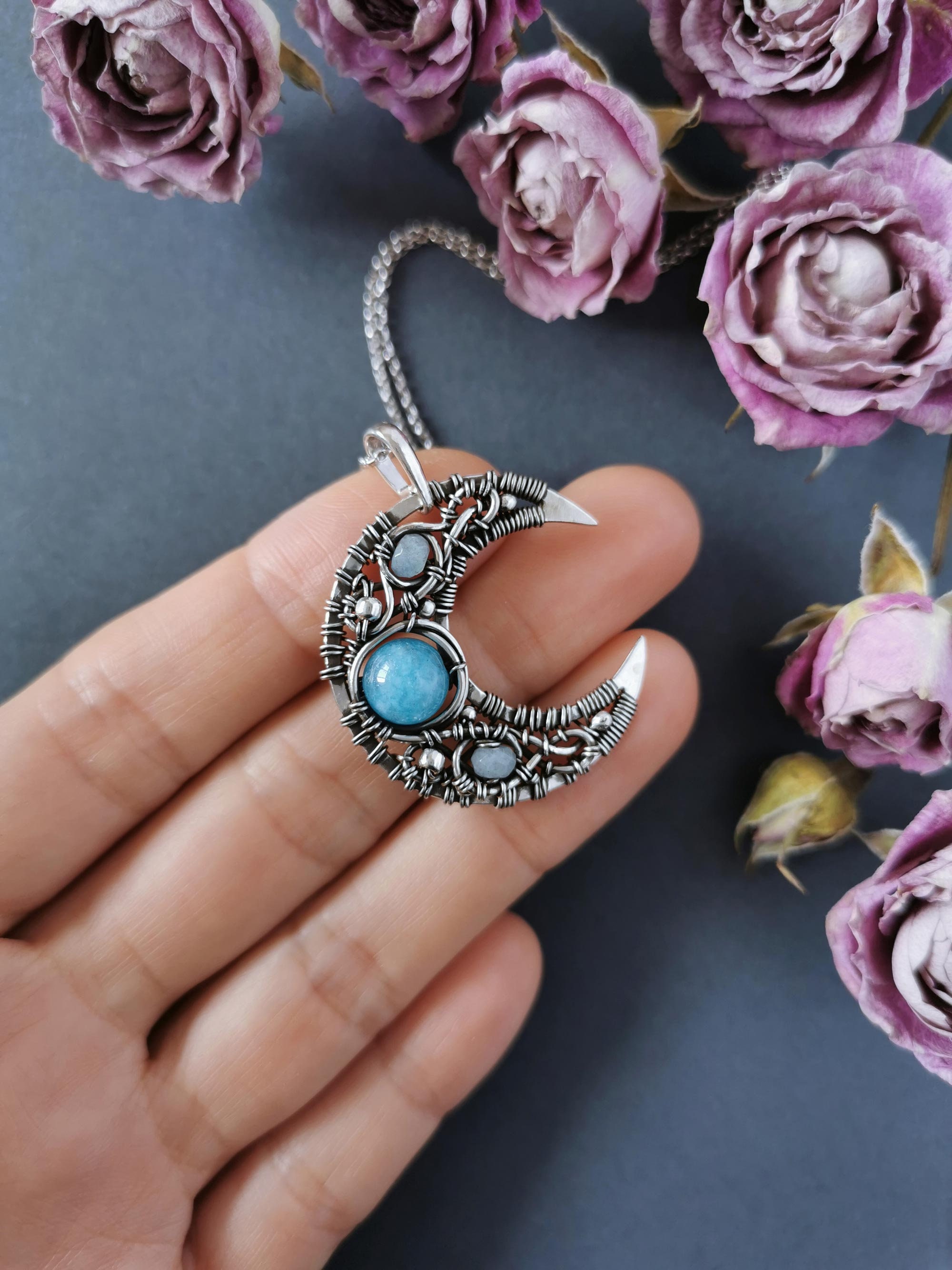 Aquamarine moon necklace Aquamarine wire wrapped pendant | Etsy