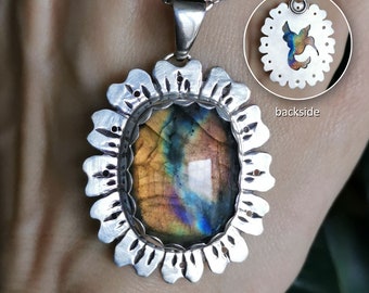 Large hummingbird necklace, Statement colorful colibri necklace, Double sided 925 silver flower pendant jewelry with rainbow labradorite