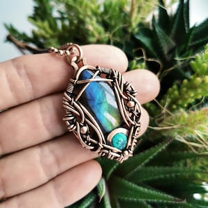 Labradorite and turquoise necklace, Statement wire wrap pendant jewelry, Gothic Vampire Witch Fantasy Elven crystal amulet gift for her