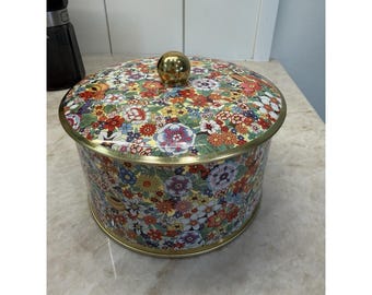 Lata decorativa redonda multicolor vintage Daher Floral con tapa, coleccionable, perfecta