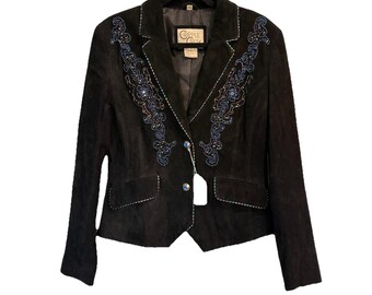 Nueva chaqueta vaquera vintage Cripple Creek de gamuza negra con cuentas bordadas florales, talla M