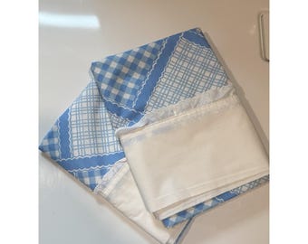 vintage JP Stevens pillowcase set blue and white checkered gingham White lace