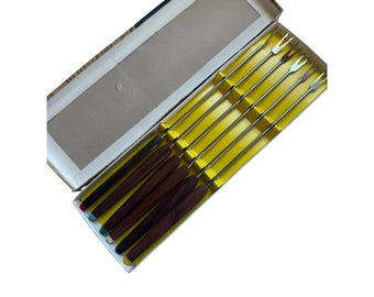 Juego de 6 tenedores vintage para fondue de acero inoxidable con mangos de madera codificados por colores
