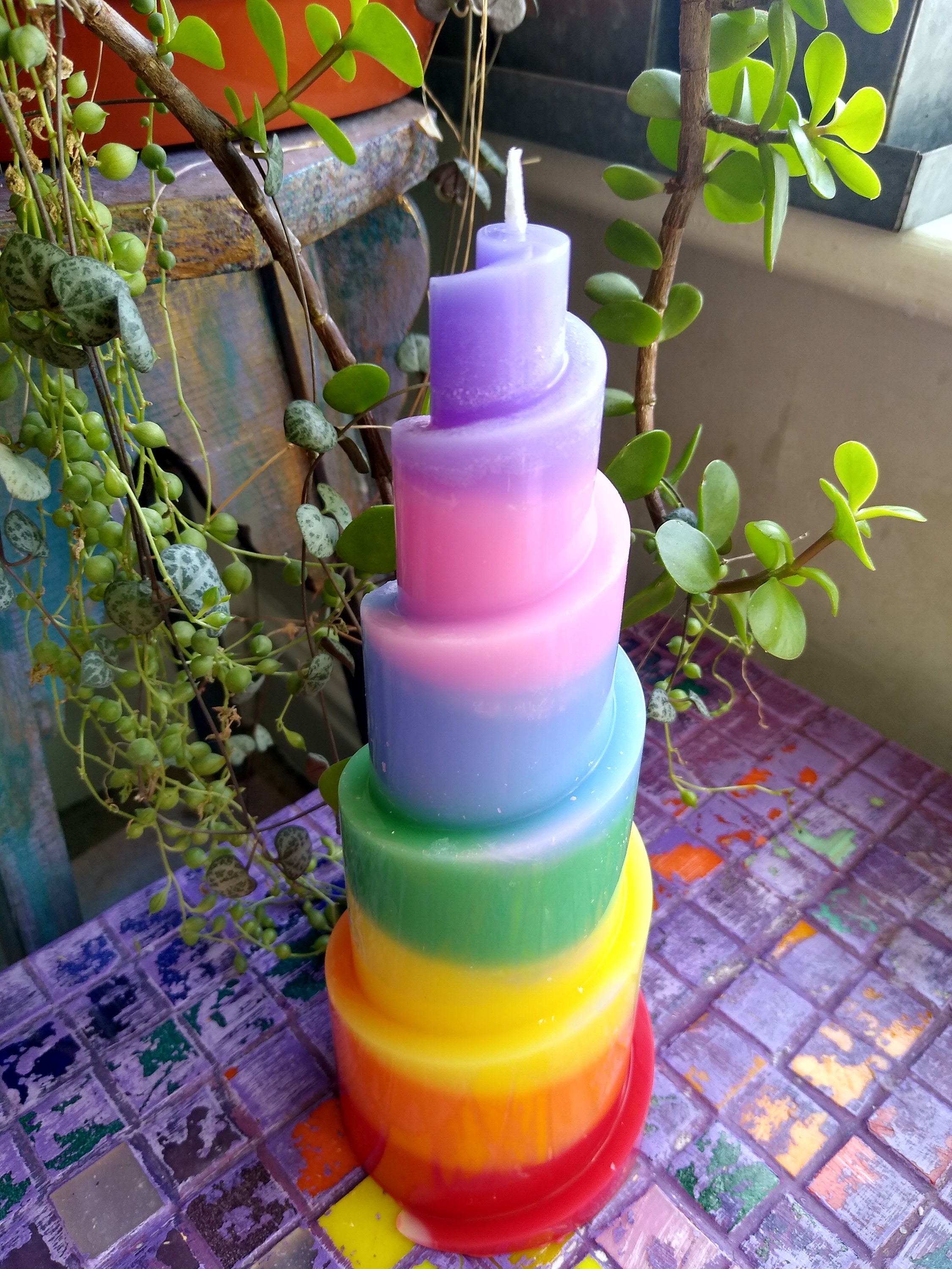 Spiral Rainbow Pillar Candle Unscented Paraffin Wax Candle Etsy