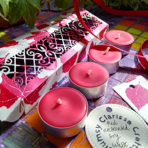 Red Unscented Tealights, Soy Wax Tealights, Set of Four with Gift Box and Tag