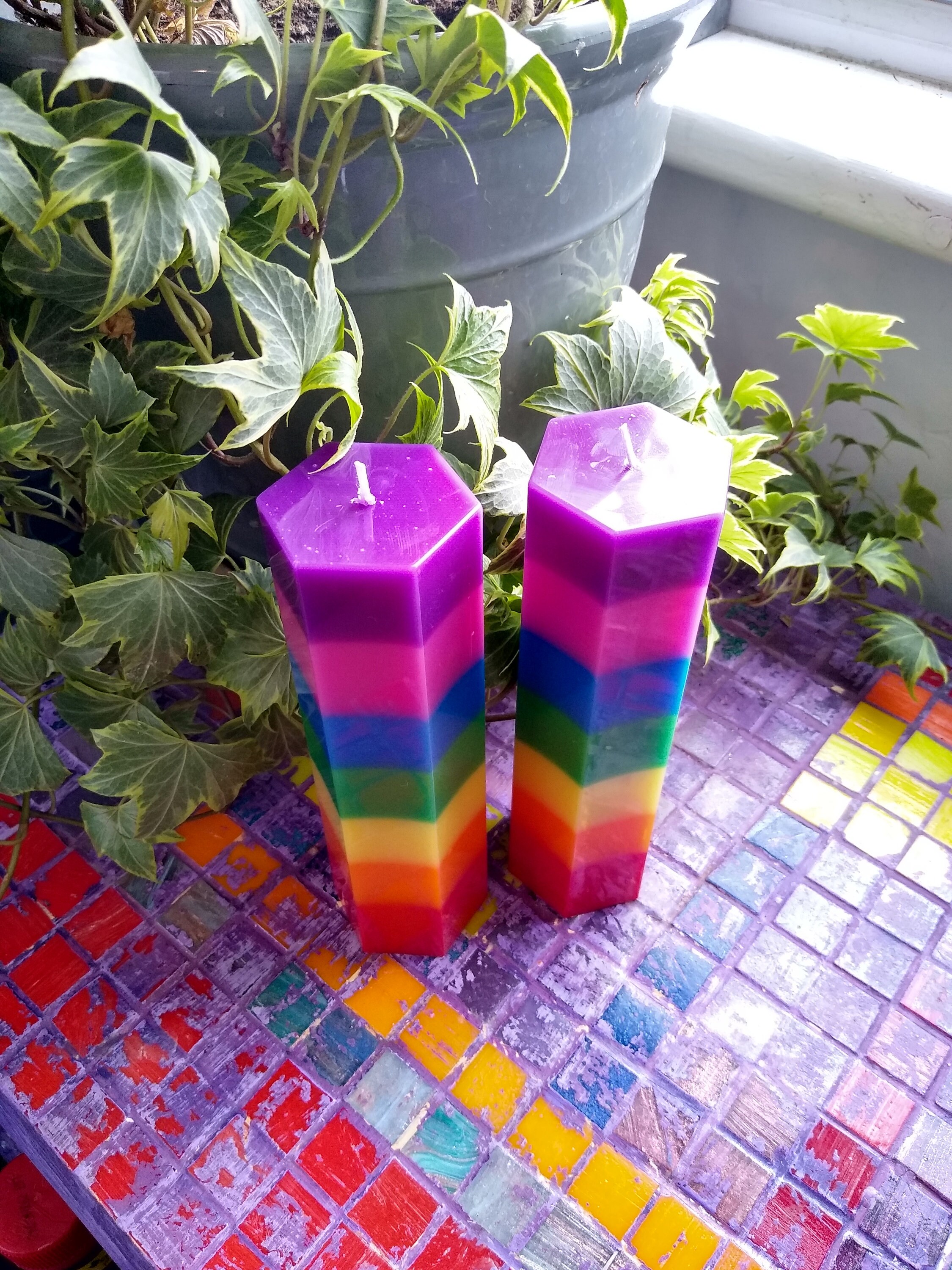 2 Rainbow Hexagonal Pillar Candles, Unscented Paraffin Wax Candles, Decorative Candles