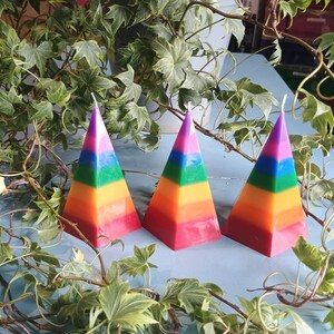 Rainbow Pyramid Pillar Candles: Unscented Paraffin Wax, Set of 3