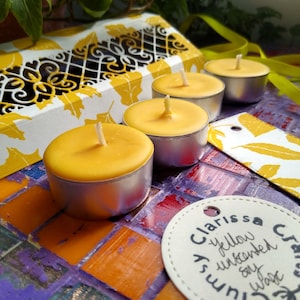 Yellow Unscented Tealights, Soy Wax Tealights, Set of Four with Gift Box and Tag