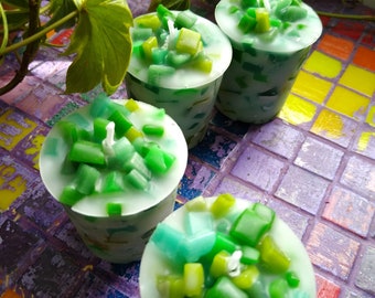 Green Chunk Votive Candles, Paraffin Wax Unscented Candles  - Set of Four in Gift Box