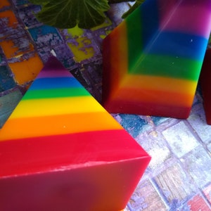 Rainbow Square Pyramid Pillar Candles, Layered Stripy Candles, Set of 3 Unscented Paraffin Wax Candles, Decorative Candles