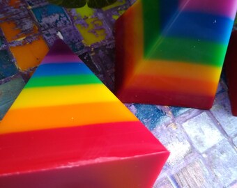 Rainbow Square Pyramid Pillar Candles, Layered Stripy Candles, Set of 3 Unscented Paraffin Wax Candles, Decorative Candles