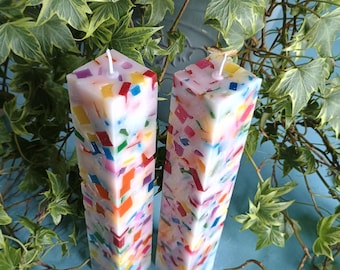Rainbow Chunk Tall Thin Square Pillar Candles: Unscented Paraffin Wax, Set of 2