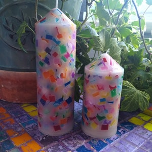 2 Rainbow Chunk Church Candles, Round Pillar Candles, Set of 2 Unscented Paraffin Wax Candles, Decorative Candles