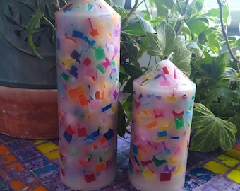 2 Rainbow Chunk Church Candles, Round Pillar Candles, Set of 2 Unscented Paraffin Wax Candles, Decorative Candles
