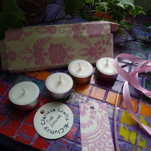 Pink Lemonade Scented Tealights,  White Soy Wax Tealights, Set of Four with Gift Box and Tag