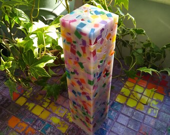 Rainbow Chunk Tall Square Pillar Church Candle, Rainbow Confetti Candle, Unscented Paraffin Wax Candle, Decorative Candle