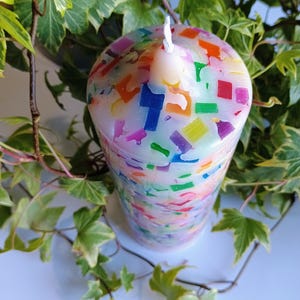 Rainbow Chunk Pillar Candle: Unscented Paraffin Wax, 7.5 Inch