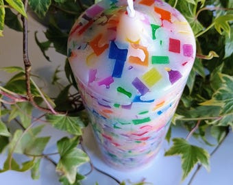 Rainbow Chunk Pillar Candle: Unscented Paraffin Wax, 7.5 Inch