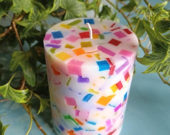 Rainbow Chunk Paraffin Wax Candle: Unscented Round Pillar