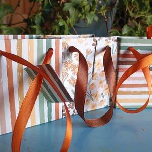 May include: Three small gift bags with colourful patterns and orange ribbon handles. The bags feature designs of vertical stripes, floral patterns, and horizontal stripes. The bags are made of paper and are suitable for small gifts.