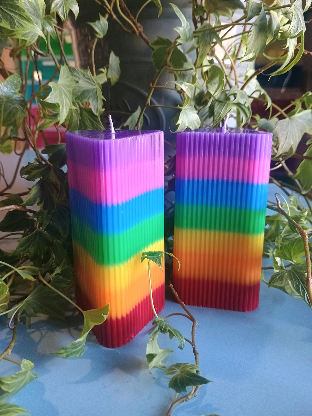 Triangular Candles Rainbow Pillar Candles: Fluted Triangular Prism, Unscented (set of 2 ...