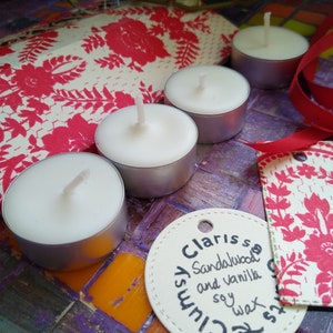 Sandalwood and Vanilla Scented Tealights, Red Soy Wax Tealights, Set of Four with Gift Box and Tag