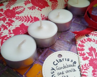 Sandalwood and Vanilla Scented Tealights, Red Soy Wax Tealights, Set of Four with Gift Box and Tag