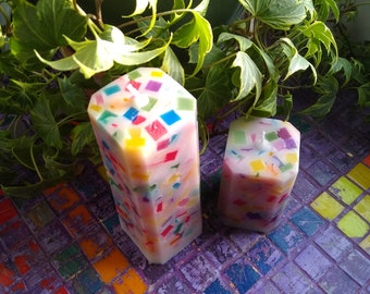 2 Rainbow Chunk Square Pillar Candles, Set of 2 Rainbow Chunk Paraffin Wax Candles, Decorative Candles