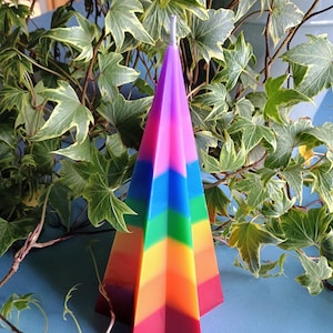 Rainbow Pyramid Pillar Candle: Hand Poured Paraffin Wax