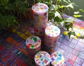 Rainbow Chunk Pillar Candles, 5 Cylindrical Paraffin Wax Candles, Unscented Candles, Decorative Candles