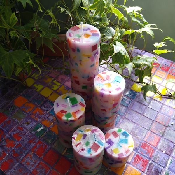 Rainbow Chunk Pillar Candles, 5 Cylindrical Paraffin Wax Candles, Unscented Candles, Decorative Candles