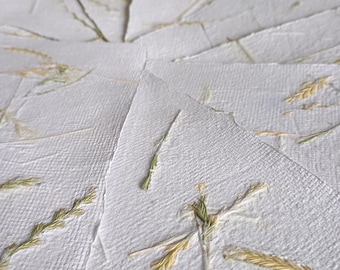 May include: Close-up of handmade paper with embedded dried grasses and wheat stalks. The paper is white with a textured surface, and the natural elements are in shades of green and tan. The arrangement suggests a craft or stationery item.