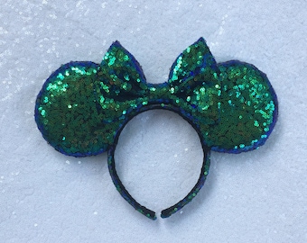 Holographic Sequin Blue/Green Minnie Mouse Ears, Mickey Sequin Ears,Sequin Ears