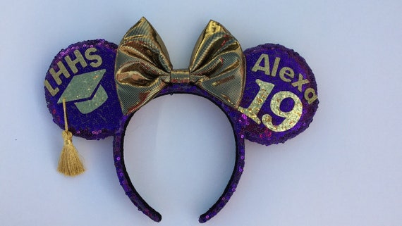 Purple and Gold Personalized Graduation Minnie Mouse Ears School Logo and  Name Graduation Hair Accessories Graduation Minnie Mouse Ears 